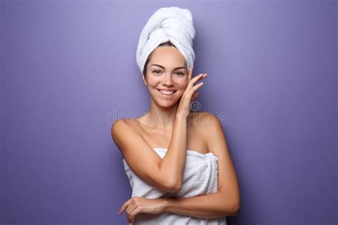 Beautiful Young Woman Wrapped In Towel On Color Background Stock Image Image Of Bath Person