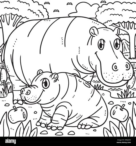 Mother Hippo And Baby Hippo Coloring Page For Kids Stock Vector Image