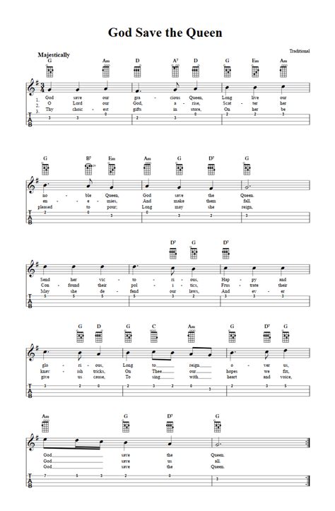 God Save The Queen Easy Ukulele Sheet Music And Tab With Chords And