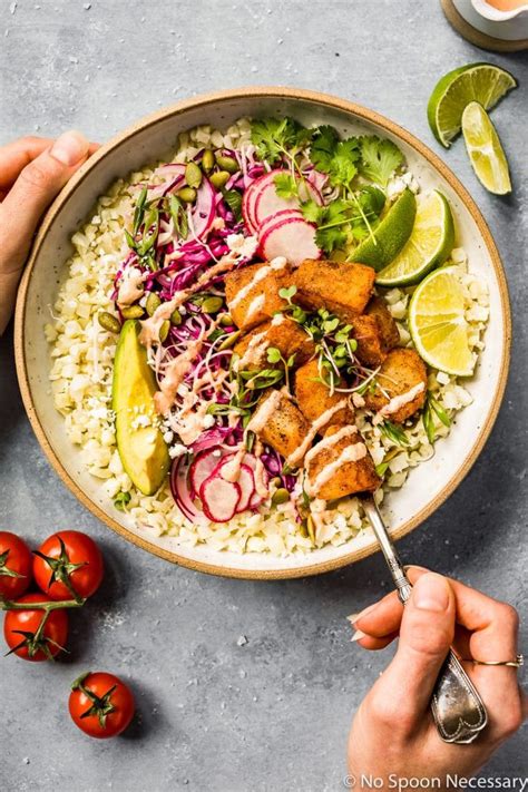 Overhead Shot Of Easy White Fish Taco Bowls With Cauliflower Rice Slaw