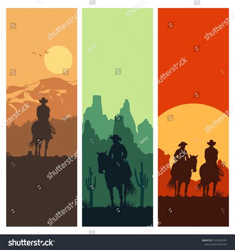 Silhouette Cowboy Couple Riding Horses Sunset Stock Vector Royalty