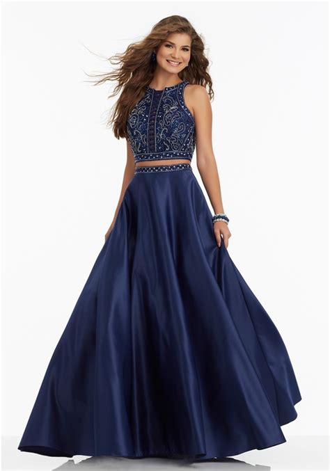 A Line High Neck Sleeveless Two Piece Navy Satin Beaded Prom Dress