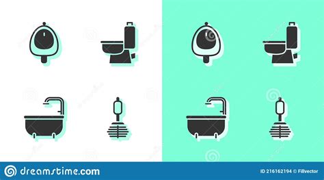 Set Toilet Brush Urinal Or Pissoir Bathtub And Bowl Icon Vector