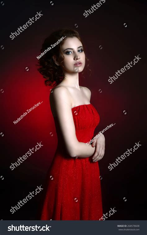 Beautiful Woman Red Dress On Black Stock Photo 268578608 Shutterstock