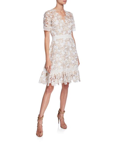 Shoshanna Toscana V Neck Short Sleeve Floral Lace Dress Neiman Marcus