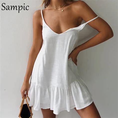 Sampic Backless Sundress Women Mini Dress Ruffle Spaghetti Strap Casual White Linen Dress