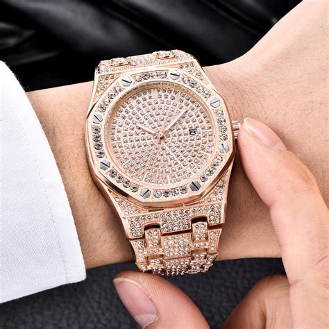 Luxury Bling Diamond Watch For Men Iced Out Rose Gold Stainless Steel