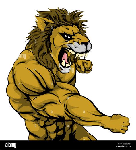 A Mean Looking Lion Sports Mascot Fighting And Punching With Fist Stock