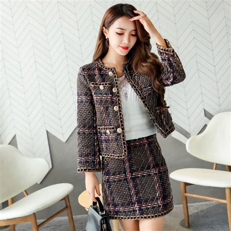 womens suit 2 piece set women tracksuit retro plaid print jacket and skirt casual long sleeved