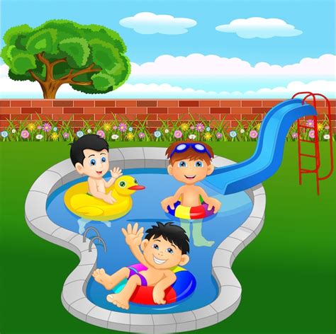 Niños Felices Jugando En Una Piscina Al Aire Libre Vector Premium