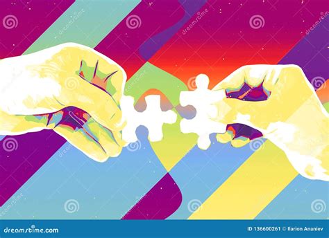 Hands With Two Puzzle Pieces Abstract Background Modern Illustration