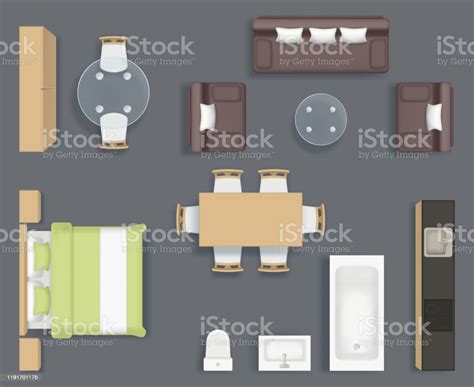 Vetores De Vista Superior Da Mobília O Banheiro De Cozinha E Os Objetos