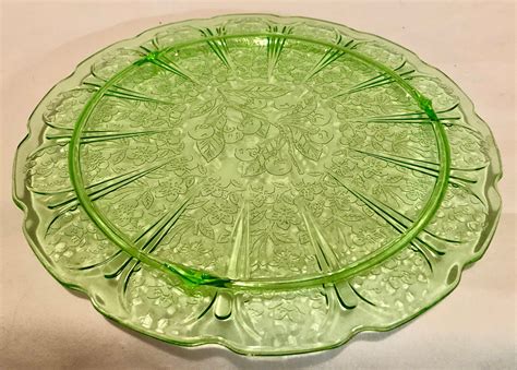 vintage green depression glass footed serving plate dish cherry blossom pattern