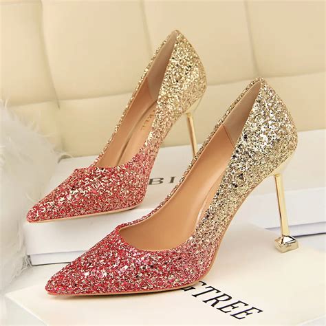 rose gold glitter high heels for women affordable shimmering golden pumps