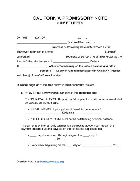 Free California Promissory Note Form Template Free California Unsecured Promissory Note
