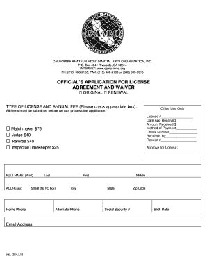 Therefore, you either need to waive or enroll in the health insurance. Fillable Online camo-mma OFFICIALS APPLICATION FOR LICENSE ...