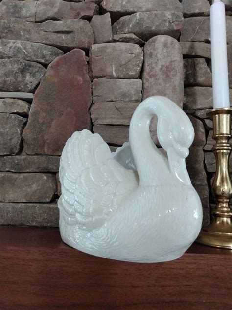 Vintage Porcelain Swan Planter With Roses Etsy
