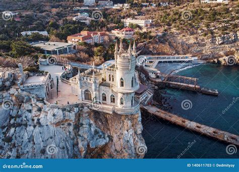 Swallow Nest Aerial Drone Shot Ancient Castle On Top Of Mountain Cliff
