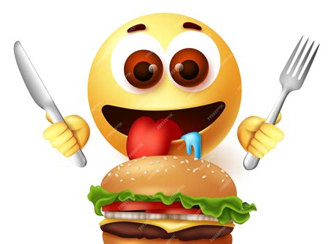 Emoji ест гамбургер характер векторный дизайн Emojis голодающий смайлик