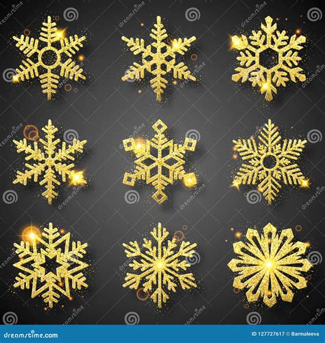 Collection Of Gold Glitter Snowflakes Nine Sparkling Golden Snowflakes