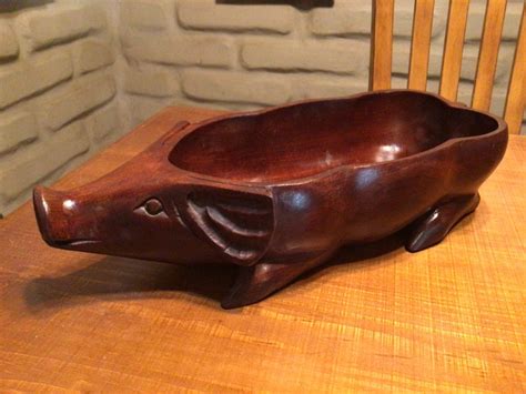Vintage Large Hand Carved Wooden Pig Bowl Etsy
