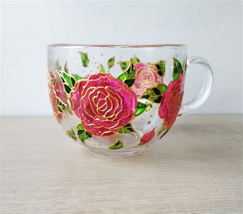 Roses Big Mug For Women Jumbo Painted Glass Mug Pink Flowers Etsy In