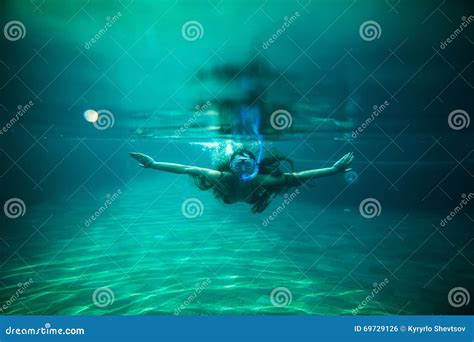Woman Swim Underwater Pool With Snorkel Stock Photo Image Of