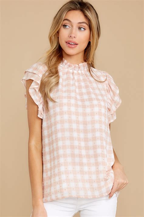 Playful Pink Top Gingham Blouse Plaid Top Red Dress