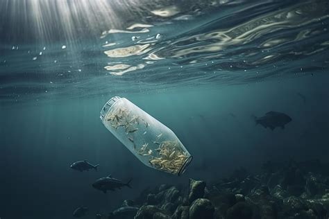 Plastic Bottle Floating In Ocean With Aquatic Animal Fish Pollution