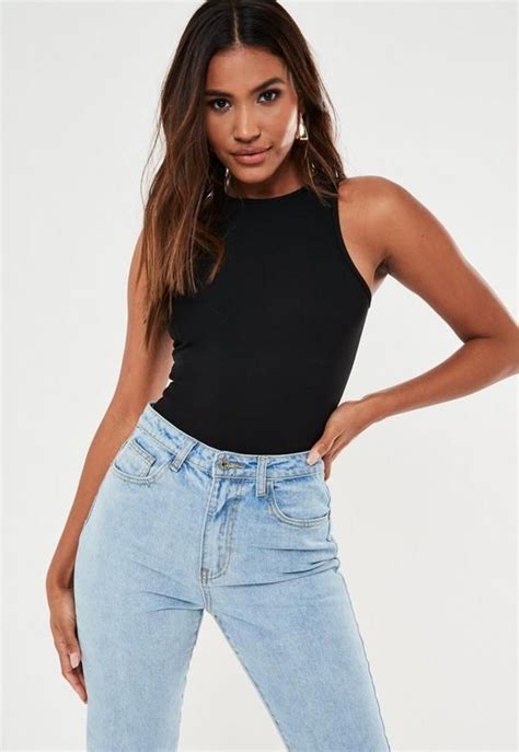 Missguided Black Ribbed Racer Back Bodysuit High Neck Tank Top Black Rib Tank Top Outfits