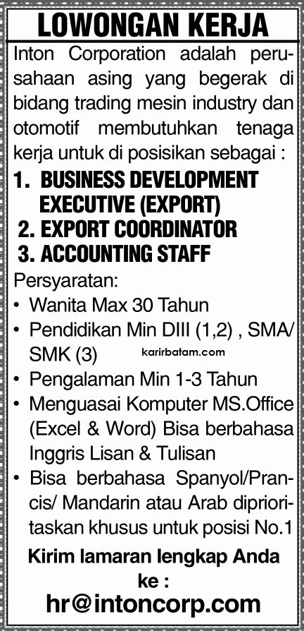 Informasi lowongan kerja bumn april 2021, lowongan kerja cpns 2021, bank, pegadaian, pertamina, bpjs, kesehatan, smp, sma, smk, d3 lowongankerja15.com, lowongan kerja loka bpom tahun anggaran 2021 info loker 2021, cara untuk bisa mendapatkan sebuah. Lowongan Kerja PT. Inton Corporation - Lowongan Kerja Batam 2021