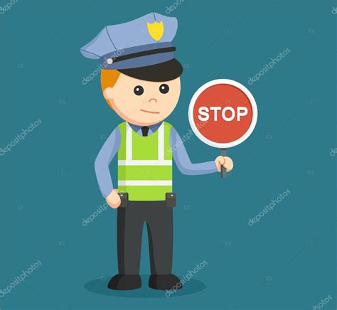 Caricatura de oficial de policía con patrulla de la policía. Policía de tránsito con señal de stop vector, gráfico ...