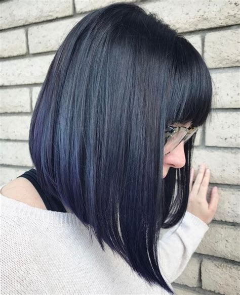 Picture Of An Angled Bob With Bangs Is Styled Straight To