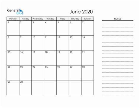 Printable Monthly Calendar With Notes June 2020
