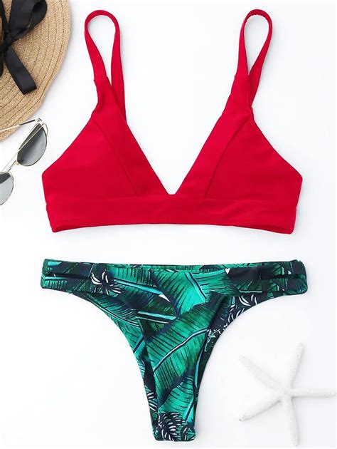 new women new leaf print plunge thong bikini set mid waist leaf straps brazilian swimsuit deep v