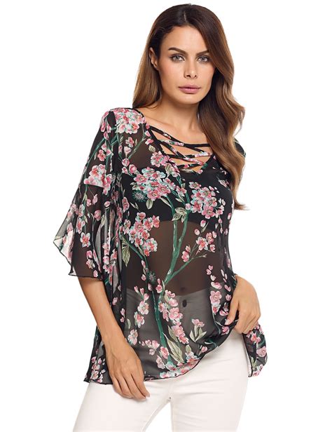 black lace up sleeve v neck blouse floral chiffon blouse clothes for women sheer chiffon blouse