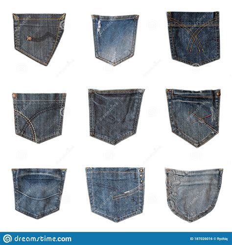 Collection Of Different Jeans Back Pockets Isolated On White Background