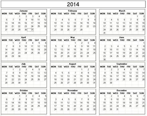 Yearly 2014 Printable Calendar Large Black And White Week Starts On
