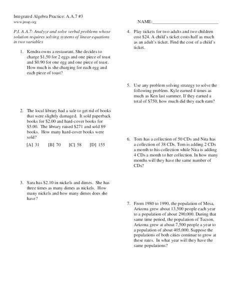System Of Linear Equations Word Problems Worksheet For 9th 12th