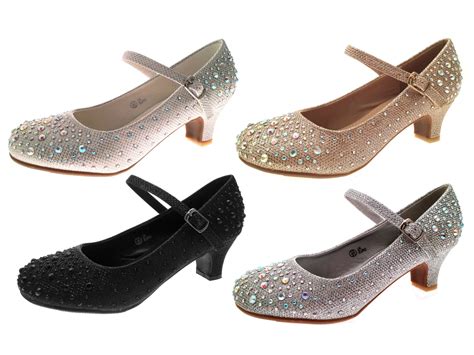 Kids Girls Mary Jane Party Shoes Diamante Glitter Bridesmaids Heels