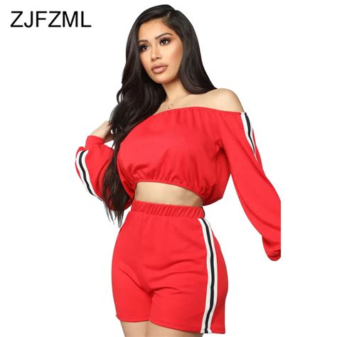 Women Two Piece Tracksuits For Women Slash Neck Long Sleeve Crop Tops And Side Striped Shorts