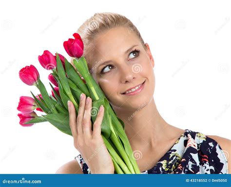 Woman Holding A Bunch Of Red Tulips Bouquet Of Flowers S Stock Photo