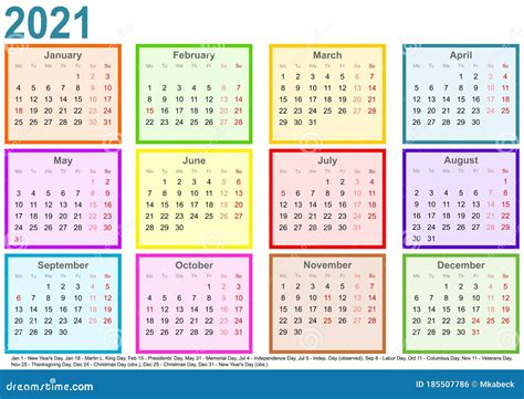 Calendar 2021 Each Month Different Colored Square Usa Stock