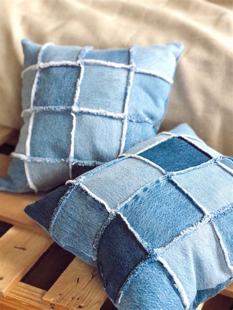 Denim Patchwork Throw Pillow Made From Upcycled Jeans Etsy