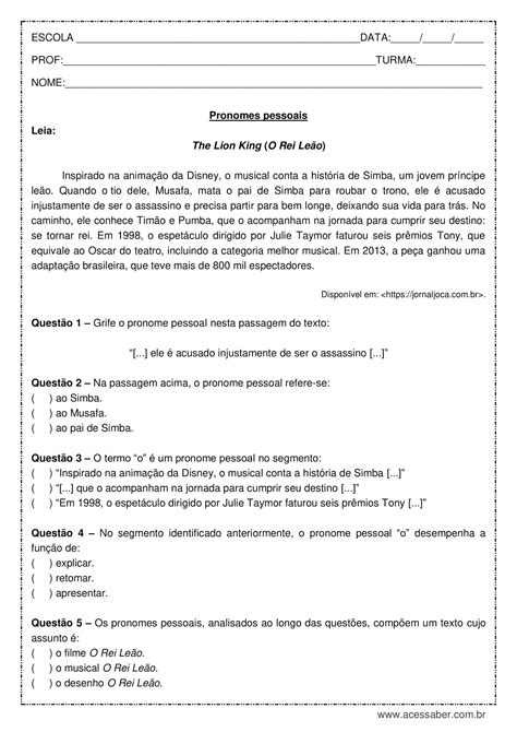 Exercícios Sobre Pronomes Com Gabarito Para O 7o Ano