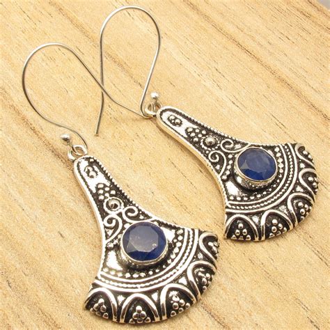 Sappfire Gem Oxidized Earrings 2 Inches Silver Plated Over Solid