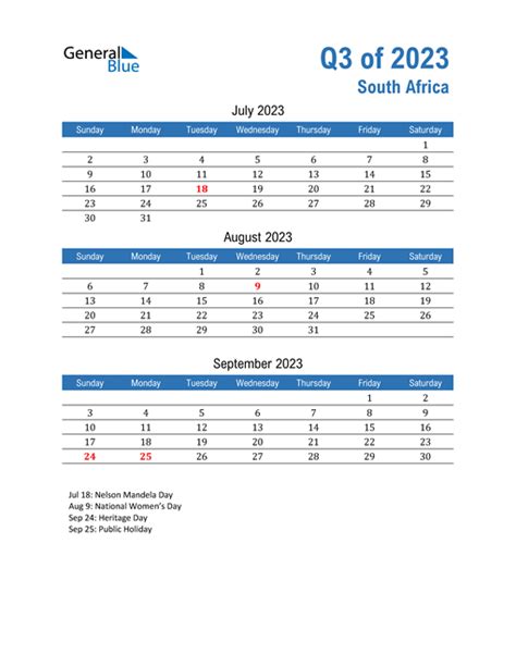 Q3 2023 Quarterly Calendar With South Africa Holidays