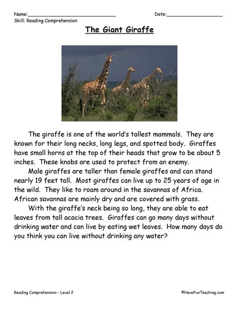 The Giant Giraffe Reading Comprehension Worksheet By Teach Simple