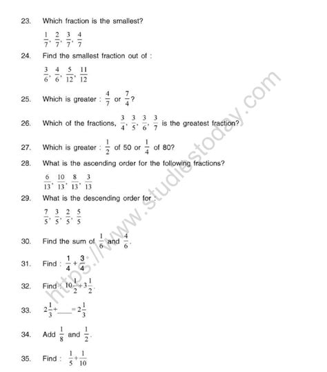 cbse class  mental maths fractions worksheet
