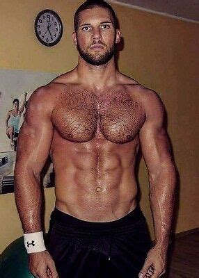 Shirtless Male Muscular Sweaty Beefcake Hunk Hairy Chest Beard Photo